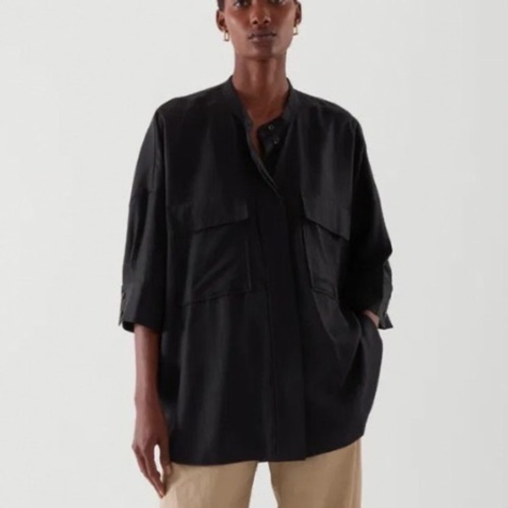 COS Black Women Large 100% Lyocell Oversized Utility Band Collar Shirt
